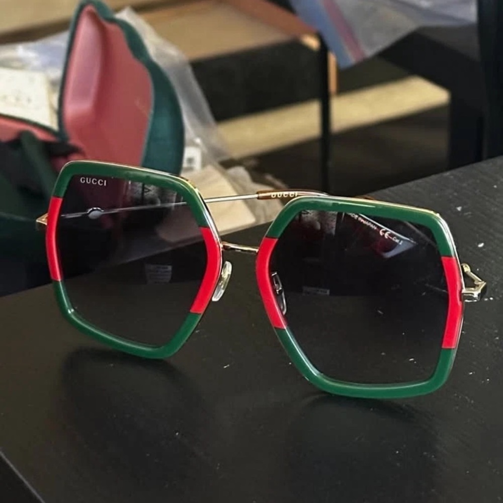 Gucci Hexagonal Sunglasses with Green and Red Accents